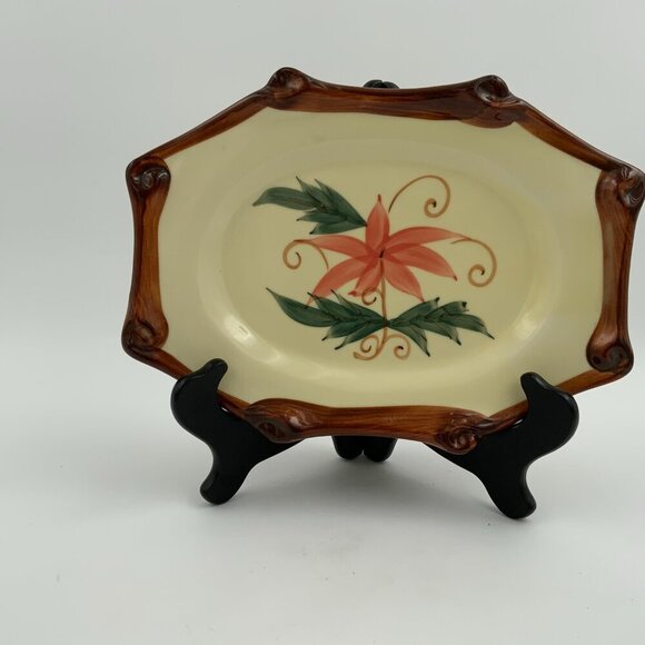 Vintage Rectangular Asian Pink Flower Brown Rim Serving Plate Stamped Wealth - Picture 6 of 7